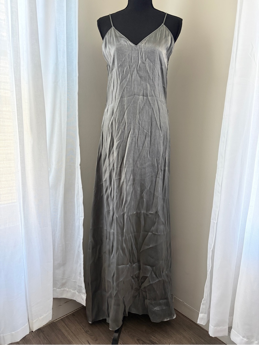 NWT Gunmetal Silver SATIN Boutique Maxi Dress Strappy size L